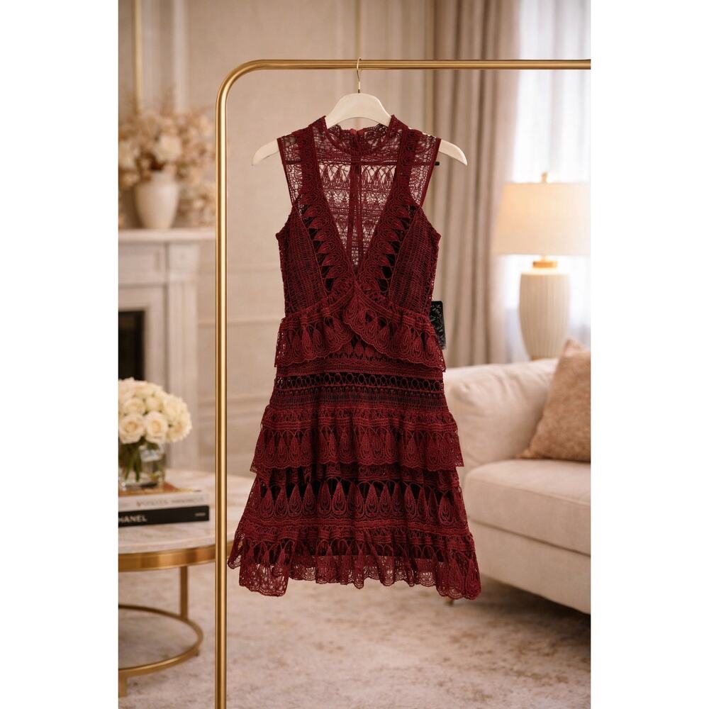 Self Portrait Burgundy Guipure Lace Mini Dress 0 Tiered Cocktail Party Wedding